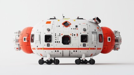 A sleek and advanced futuristic docking station with a modular design featuring various scientific and technological components for space and research