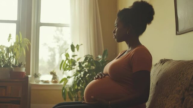 Pregnant Woman with Afro Hairstyle in Brown Dress Sits Near Window With Plants In Bright Room Touching Belly Expecting Motherhood Portrait
