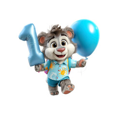 Adorable 3D Rendered Bear Cub Celebrating First Birthday with Balloons