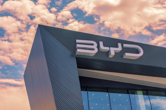 Almaty, Kazakhstan - May 29, 2025: 3D logo of the company Byd on the showroom building