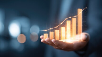 Financial Growth: A businessman's hand cradles a glowing financial graph, its upward trajectory symbolizing success and growth. The image exudes a sense of potential and prosperity.