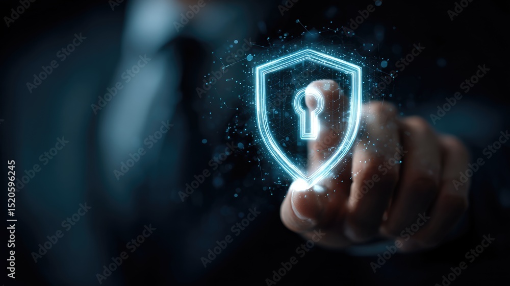 Poster cybersecurity protection: a close-up shot of a hand interacting with a digital shield and keyhole gr