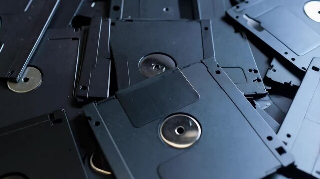 Close up of a pile of outdated black 3.5 inch floppy diskettes stacked together symbolizing old obsolete technology and data storage
