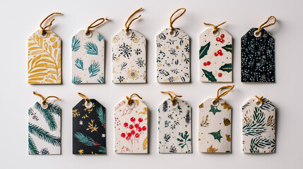 Small gift tags with holiday prints arranged neatly, flat lay on white background. 