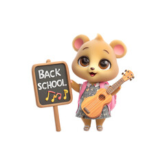 Adorable 3D Bear Cub Ready for Back to School with Ukulele