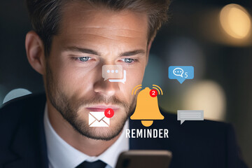 Businessman using smartphone with reminder notification icon.