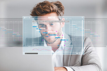 Businessman using laptop, working on an analysis strategy for business.