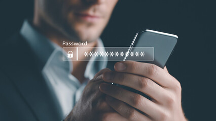Man login smart phone input password. Technology security system prevent hacker.