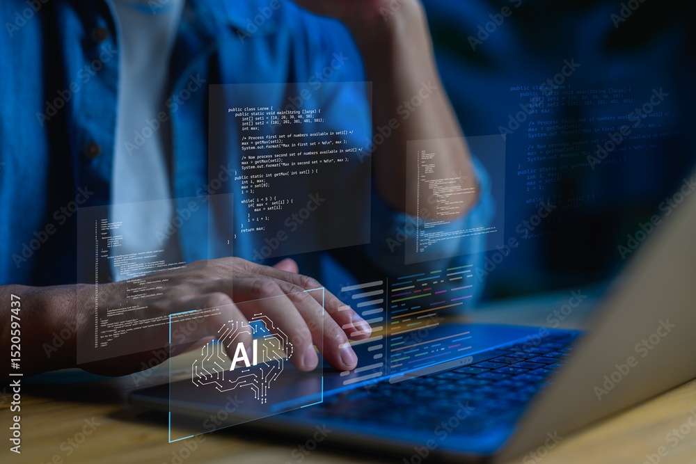 Fototapete AI-powered web development and programming. A software developer coding with artificial intelligence support, ideal for content about machine learning, AI-assisted coding, next-gen tech solutions.