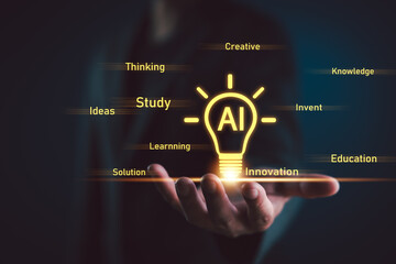 AI in education learning innovation. Glowing AI light bulb floating above a hand with keywords like study, thinking, knowledge, educational technology, online learning, digital teaching tools.