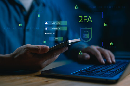 Cybersecurity and two-factor authentication (2FA) concept. A user logging in on a laptop with secure verification via mobile device, online privacy, data protection, and secure login systems.