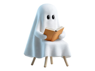 Cute ghost sitting in chair reading book halloween, On Transparent Background, Png