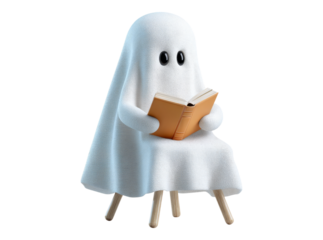 Cute ghost sitting in chair reading book halloween, On Transparent Background, Png