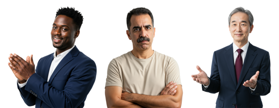 Three Diverse Adult Men Expressing Different Emotions in Studio Portraits with Dark Background