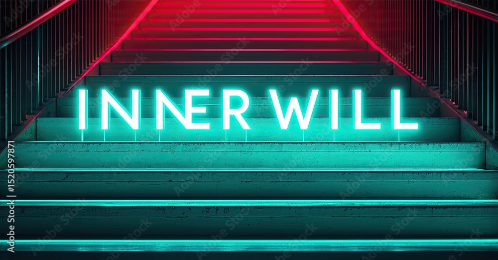 Poster stairs illuminated with vibrant neon lights. text inner will glows prominently, creating dramatic vi