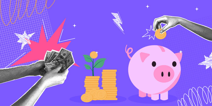 Trendy collage with halftone images. The concept of savings and investments. A modern retro illustration in mixed media. Scribble elements on a retro poster. 