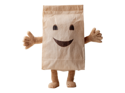 Happy brown paper bag character with arms and legs, On Transparent Background, Png