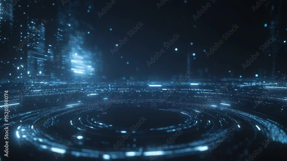 Poster futuristic data hub with flowing digital information streams and node connections