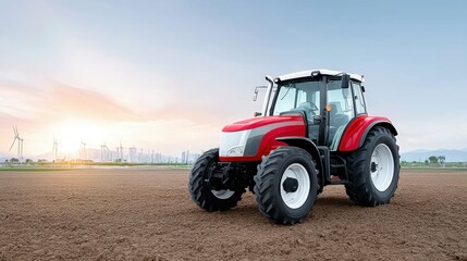 Red Tractor Tractor in Open Field at Sunset