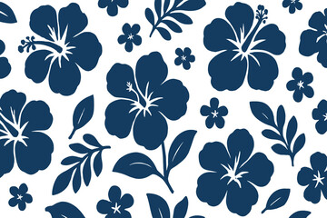 Seamless Hawaiian Hibiscus Floral Pattern in Navy Blue on White Background