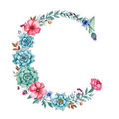 A floral letter C made of watercolor flowers and succulents with vibrant colors and delicate botanical details