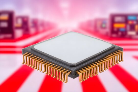 A computer chip is shown with a red background - Powered by Adobe