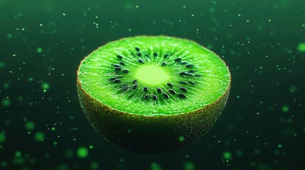 Close up view of a fresh juicy kiwi fruit sliced in half revealing its bright green flesh and small black seeds arranged in a symmetrical pattern