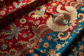 Detailed fabric texture with traditional chinese floral patterns in rich hues, capturing intricate embroidery and opulent design elements