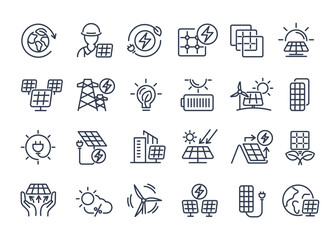 Line icons set of solar energy, renewable power, eco-friendly technology, sustainability, wind and sun energy, battery storage, and green innovation for environment-focused vector design.