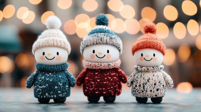 Three smiling snowman figures dressed in cozy knitted winter hats and scarves against a backdrop of twinkling holiday lights and bokeh