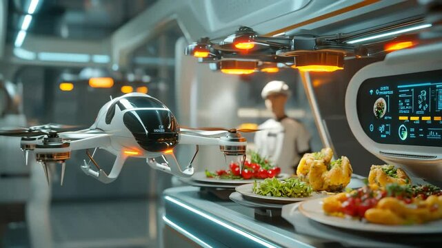 A white drone is hovering over a table full of food. The drone is surrounded by a futuristic kitchen setting with a man standing behind it. Scene is futuristic and innovative
