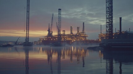 Obraz premium Oil Platform at Dusk: Reflections on Water and Industrial Landscape Photography