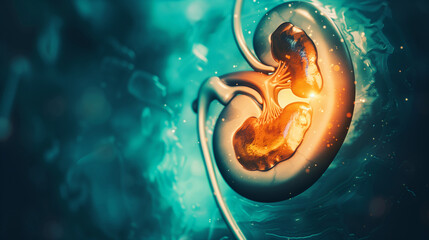 Close-up of healthy human kidney with glowing golden light symbolizing healing and recovery, medical and healthcare concept for organ donation, transplant surgery, urology and nephrology.