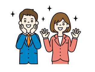 目を輝かせて喜ぶ、ビジネスマンのベクターイラスト素材＿男女セット＿カラー