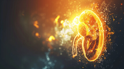 Close-up of healthy human kidney with glowing golden light symbolizing healing and recovery, medical and healthcare concept for organ donation, transplant surgery, urology and nephrology.