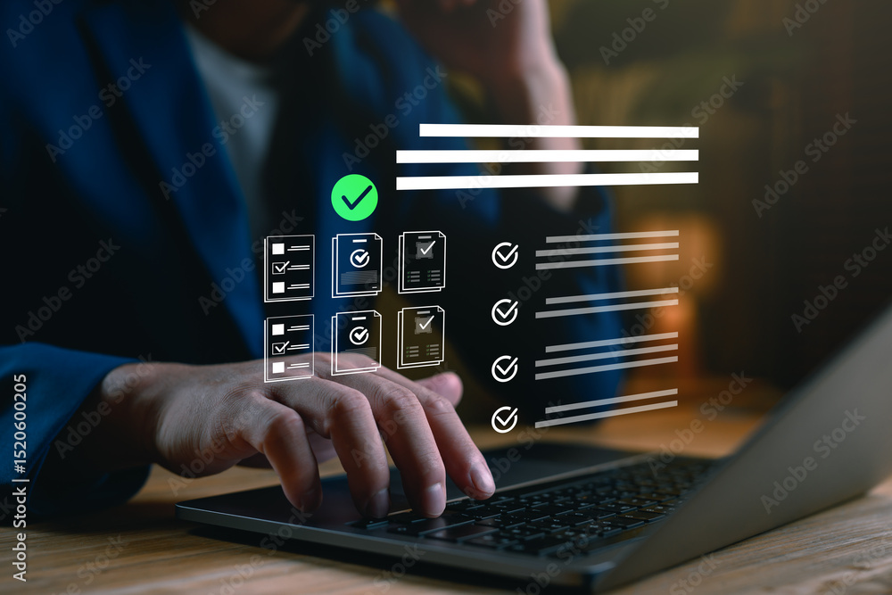 Poster digital checklist and task management concept. businessperson using a laptop with virtual checklist 