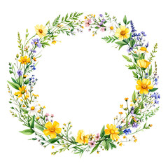 A colorful circular wreath made of assorted yellow, white, pink, and purple flowers with green leaves