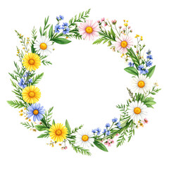 Obraz premium A circular wreath made of colorful daisies, greenery, and small blue, yellow, and pink flowers