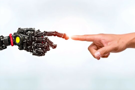A robot hand is pointing at a human hand - Powered by Adobe