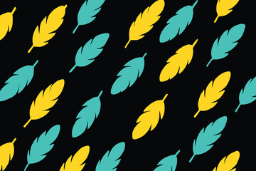 Pop Art Style Seamless Feather Pattern in yellow and turquoise on Black Background