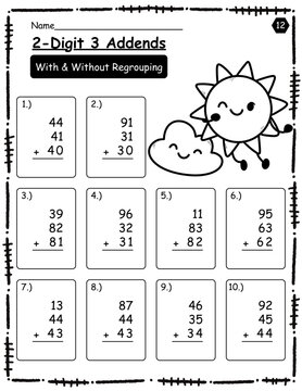Math exercises for kids. Adding two-digit and three-digit numbers. Black and white math with cute cartoon pictures. Calculate and write the results.