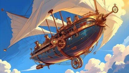 Whimsical Steampunk Airship Line Art Illustration