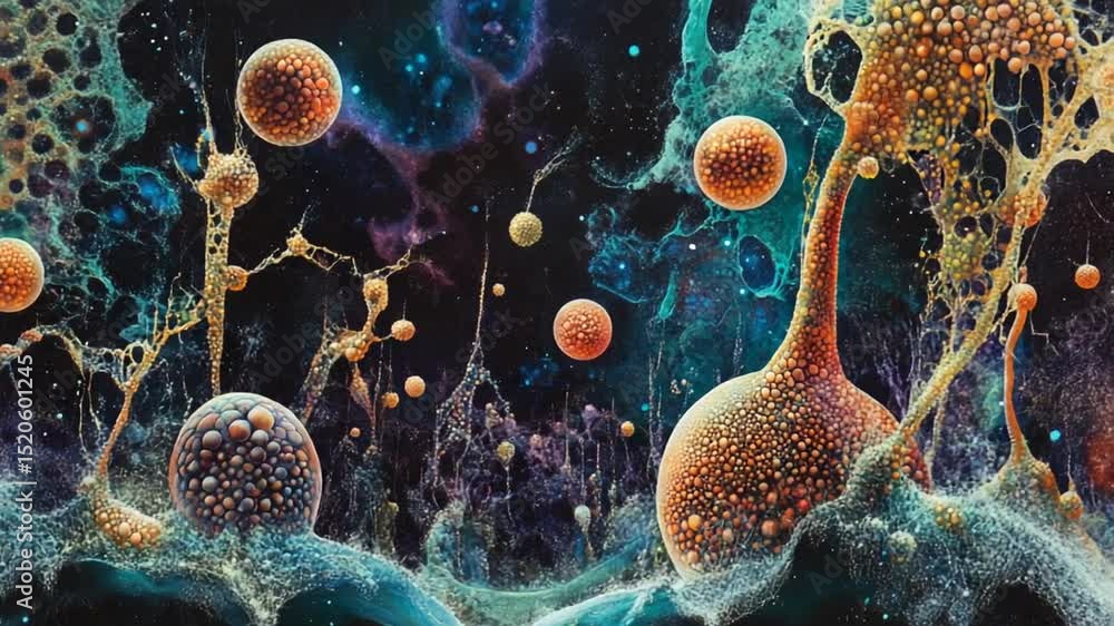 Aufkleber abstract microscopic world with floating spheres and fractal structures visuals