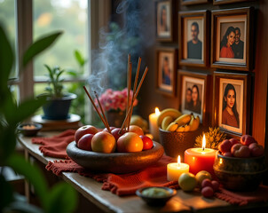 Intimate Altar Arrangement, A Warm and Inviting Scene with Fruits, Candles, Incense, and Cherished Family Photos Displayed