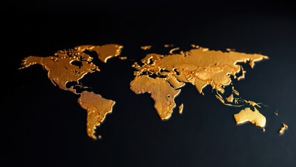A golden world map with detailed continents displayed on a dark background in a horizontal view