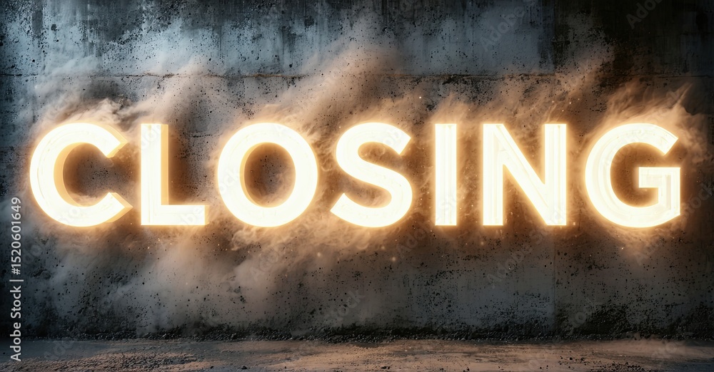 Poster concrete wall displays illuminated closing text. dramatic lighting creates intense visual impact. du