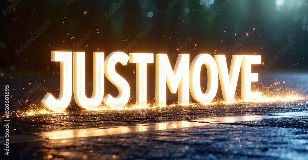 Poster bright text justmove glows above wet asphalt. dramatic lighting creates intense visual impact. energ