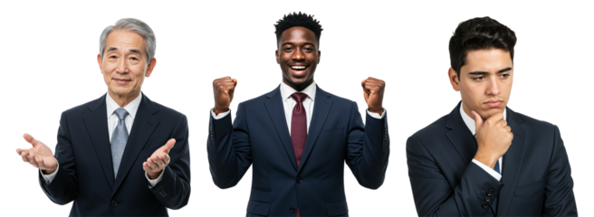 Three Professional Men in Business Attire Expressing Different Emotions and Engagements