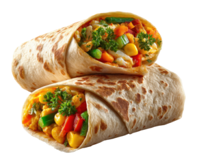 Delicious vegetable burritos mexican restaurant food colorful ingredients view isolated on transparent background