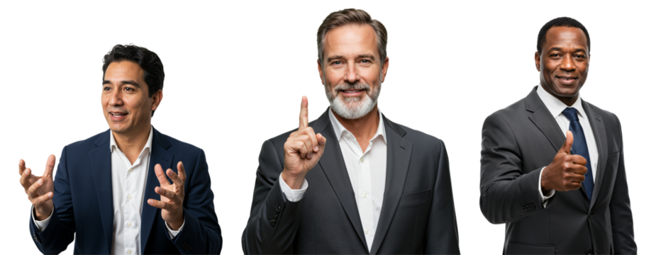 Business Professionals in Suits with Diverse Backgrounds and Gestures for Corporate Communication